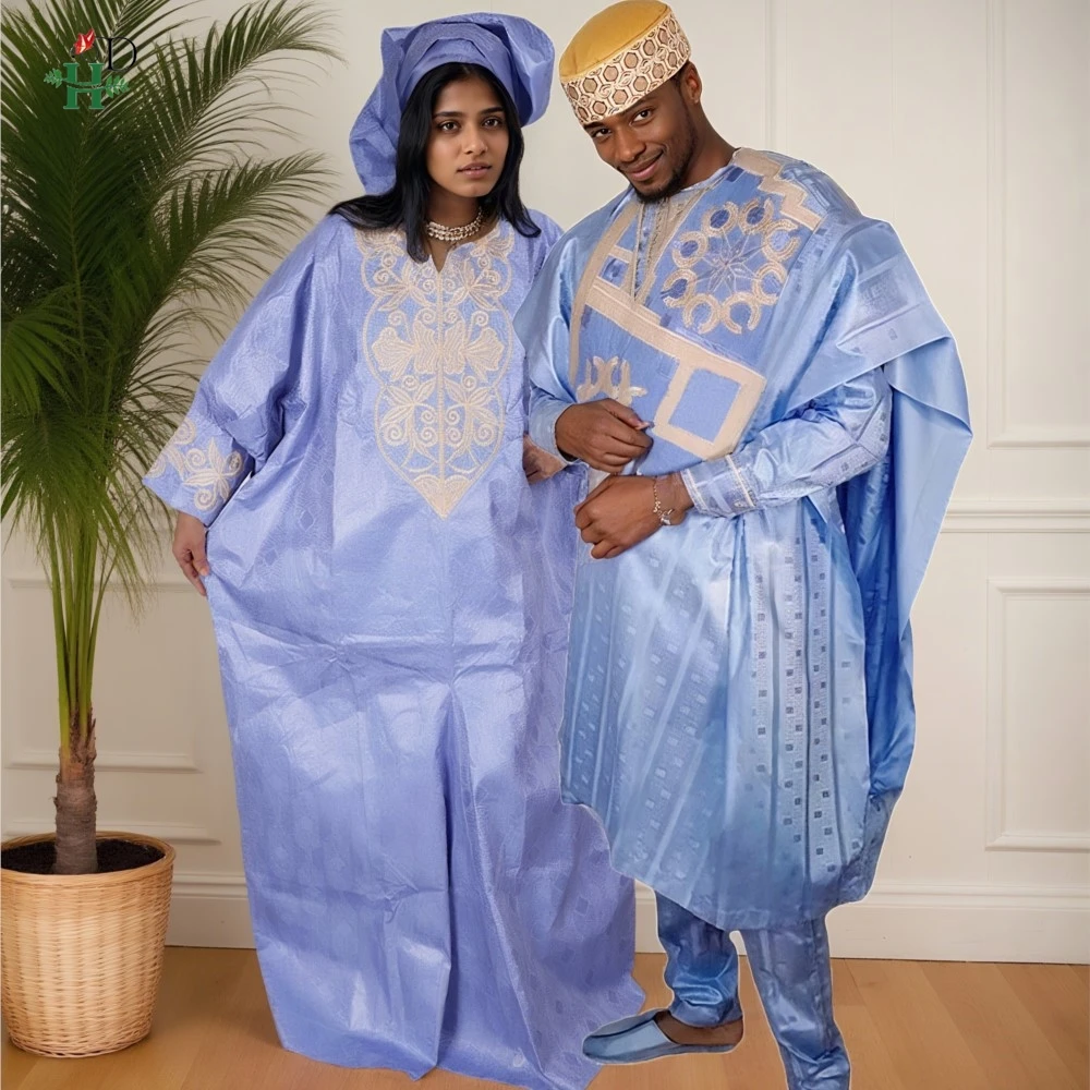 

African For Men Women Agbada Couple Traditional Muslim Ramadan Embroidery Wedding Party Thobe Bazin Riche Outfits Blue Robe Suit