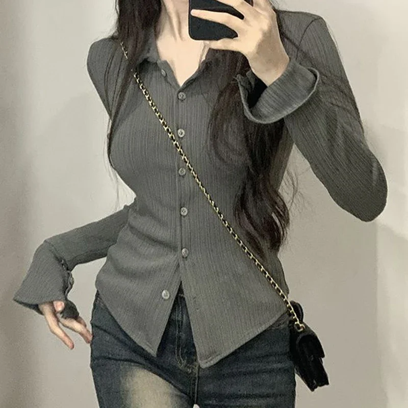 Korean Striped Shirt Women Slim Solid Button Flared Sleeve Gray Top High Street Skinny Basic Office Lady Harajuku School Blouses