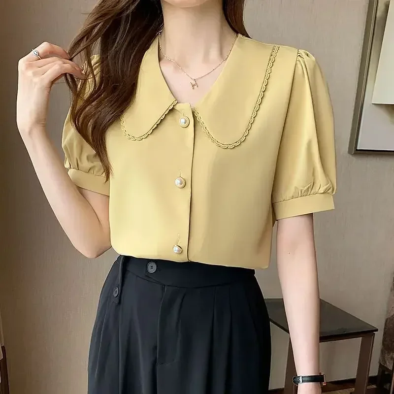 TPJB New Summer New Lace Doll Neck Chiffon Shirt Tops Puff Sleeve Loose Solid Color Blouse Simplicity Fashion Women Clothing