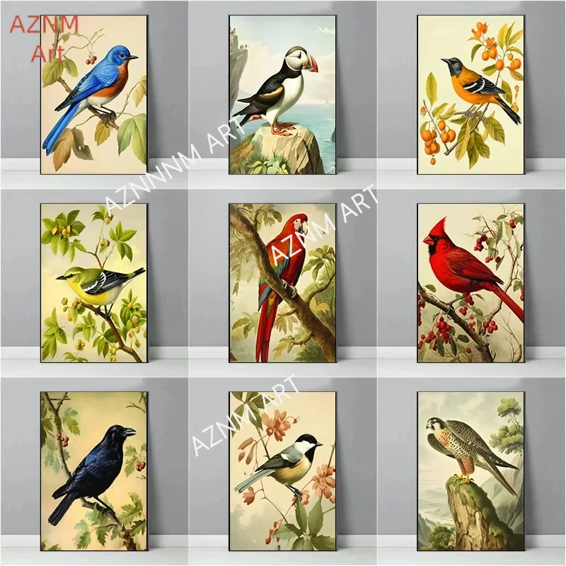 Blue Jay Cardinal Parrot Warbler Bird Vintage Poster Print Wall Art Pictures Canvas Painting Living Room Home Decor Frameless