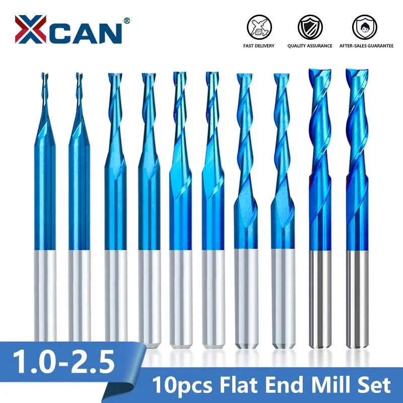 XCAN Flat End Mill Set 1-2.5mm Carbide Milling Cutter 2 Flute Nano Blue Coated Router Bit for CNC Machine Milling Tools 10pcs