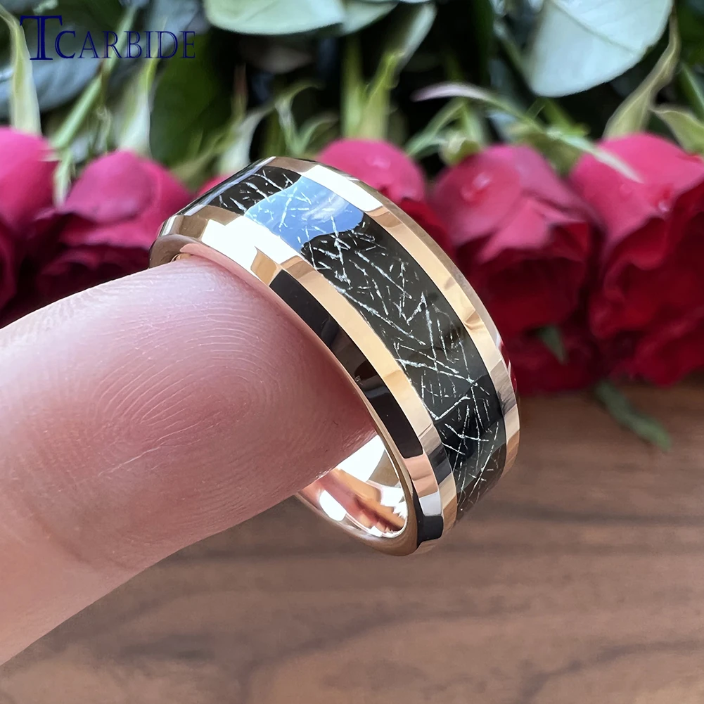 8MM Tungsten Wedding Rings For Men Women Black Meteorite Inlay Beveled Polished Trendy Gift Jewelry Comfort Fit