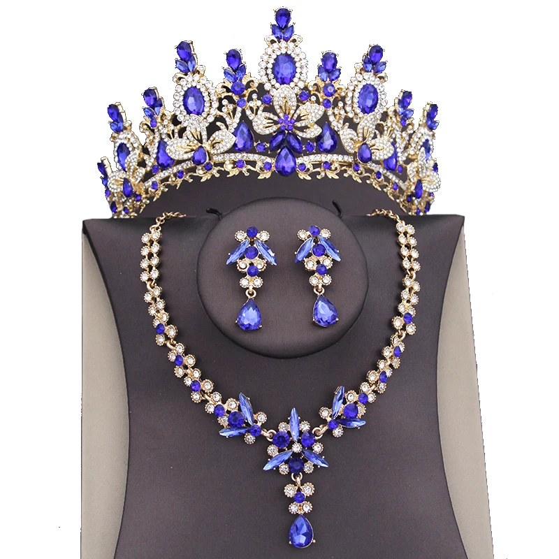 Red Crystal Bridal Jewelry Sets for Women Crown Choker Necklace Tiaras Sets Wedding Prom Bride Costume Jewelry Accessories