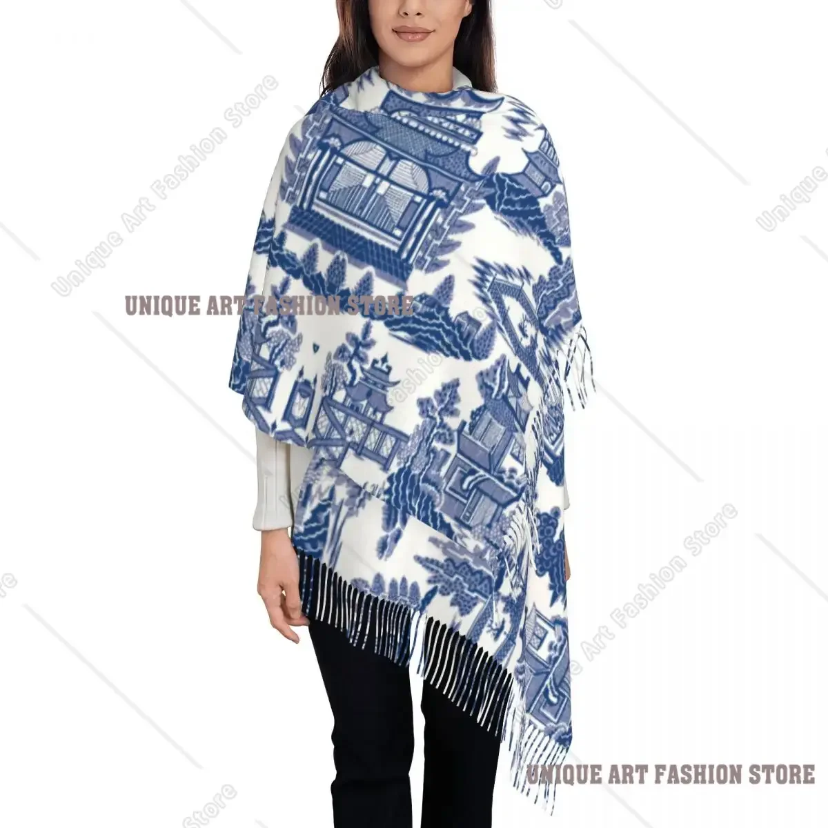 

Фарфоровый шарф «Синяя ива», древний Мин, женский роскошный зимний платок, шаль с узором в стиле шинуазри, накидки с кисточками