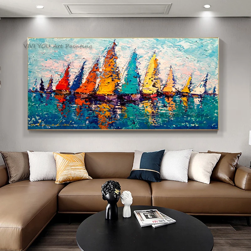 Handpainted Beautiful Scenery Wall Painting Artwork Canvas Art Decoration Colorful Abstract Oil Paintings Of Sailboats