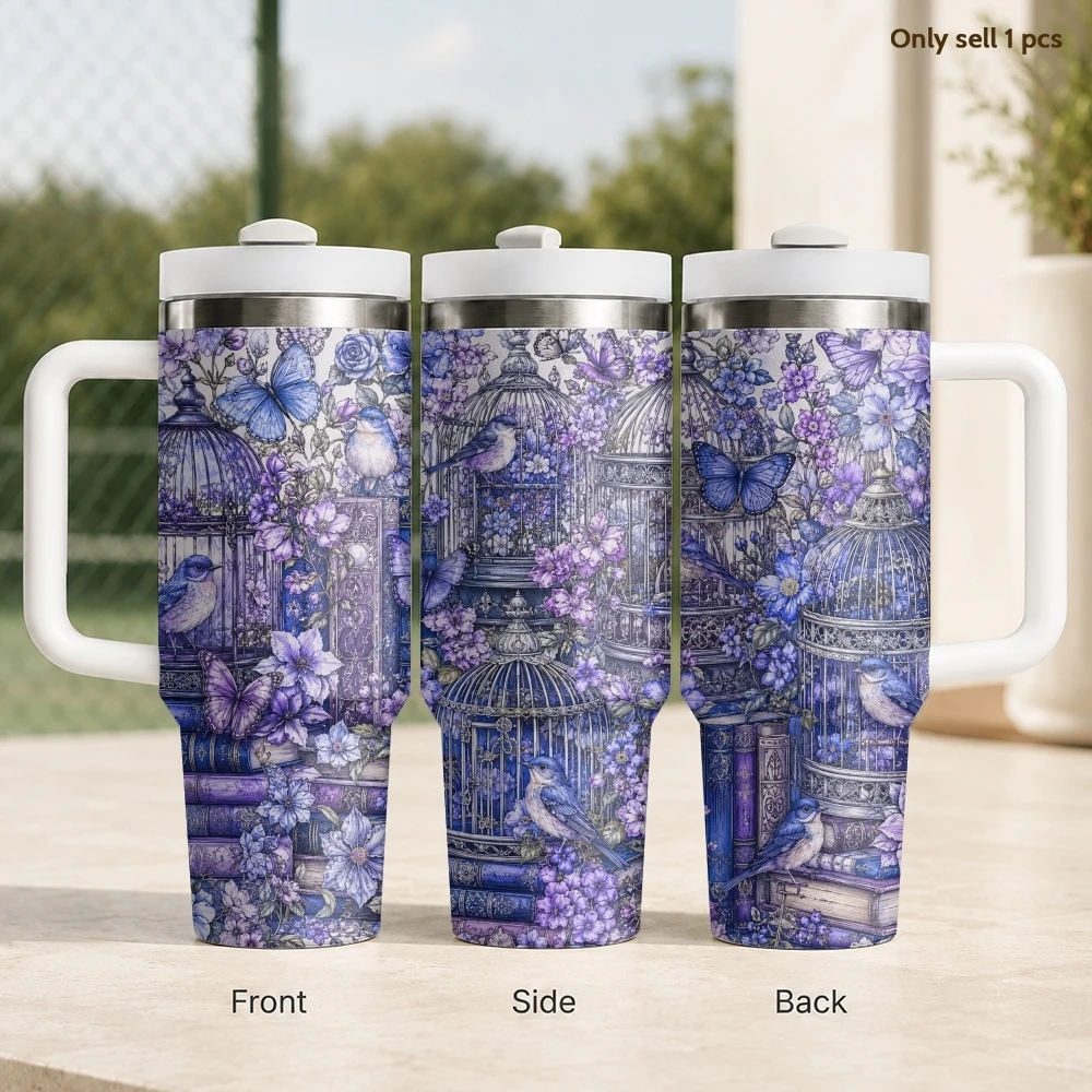 Book Lover Floral Old Library Vacuum Flasks 40oz Stainless Steel Insulated Tumbler with Handle Straw Leakproof Cup Travel Mug