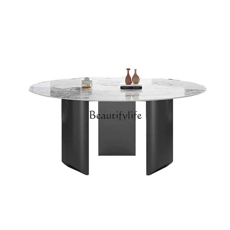 

FG44Italian Minimalist Bright Stone Plate round Table Light Luxury Stainless Steel round Household Dining Table with Turntable