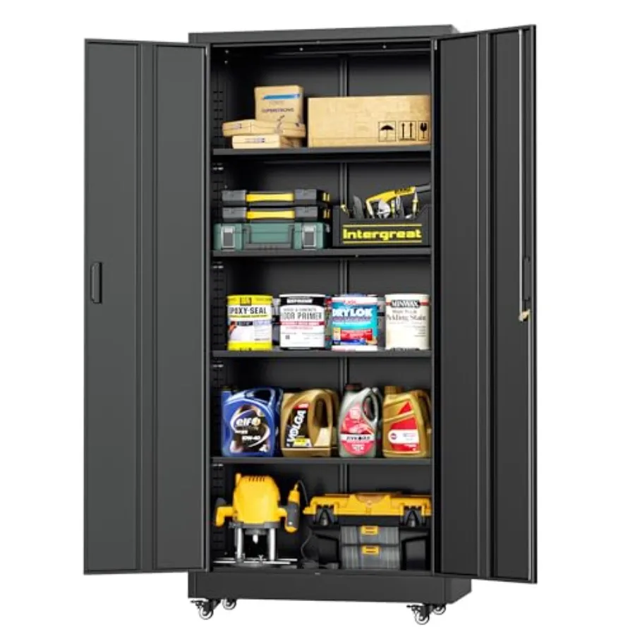 

72 Metal Storage Cabinet with Wheels and Door 4 Shelves Black Tool Storage Locker on Caster for Garage Home Office