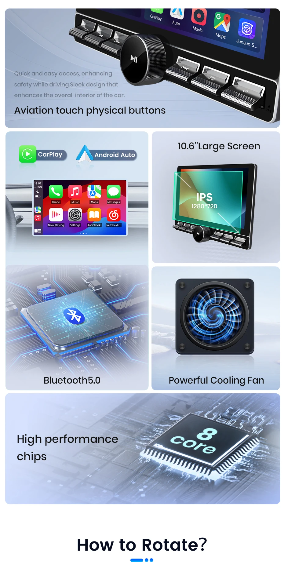 Junsun 10,1" Android Universal Single 1 Din Drehbares Autoradio 4GB+64GB Wireless Carplay Auto-Stereo Intelligentes System – Detail 3