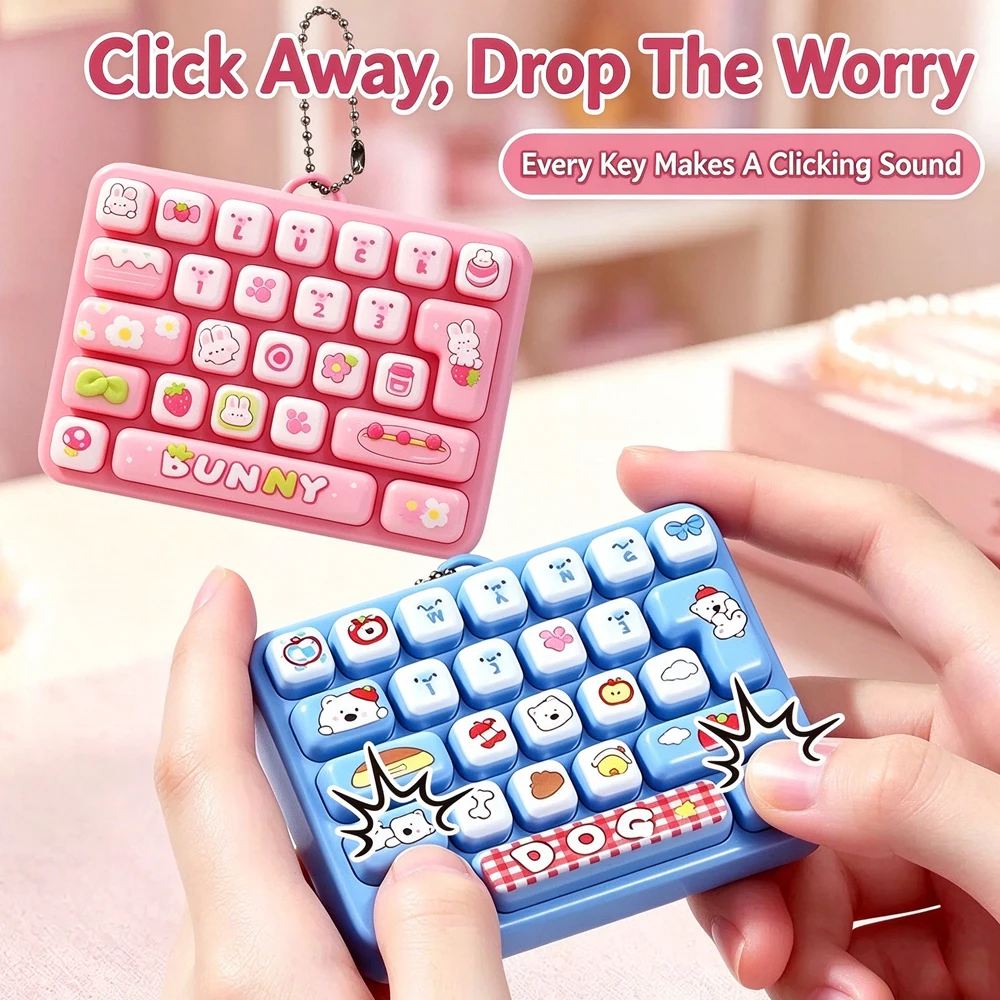 26 키캡 키링 Mini 26 Keys Fidget Keyboard Keychain Cartoon Clicker Toy Set Kawaii Stress Relief Bag Charms Pendant Party Favor Gift