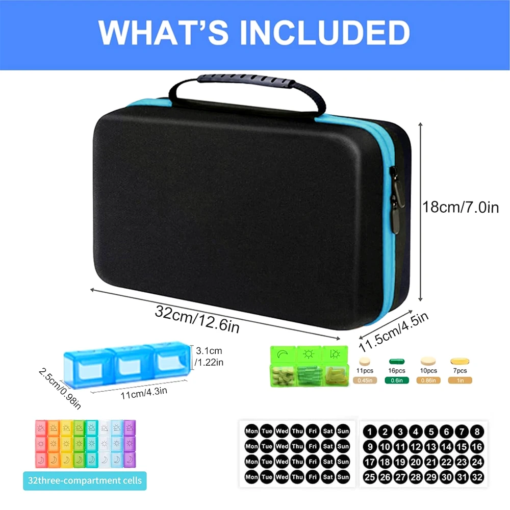 1PCS Monthly Pill Organizer 3X a Day with Portable 7-Day Travel Medicine Organizing Bag 32 Daily Compartments for 30-Day Supply