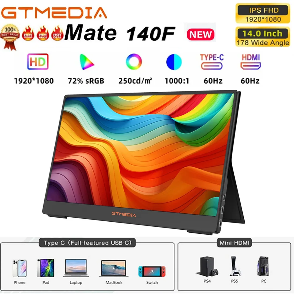 [Genuine]GTMEDIA MATE 140F Portable Monitor 14 Inch,250cd/㎡ 72% sRGB Display IPS FHD Screen Type-C USB Screen For Laptop/Macbook