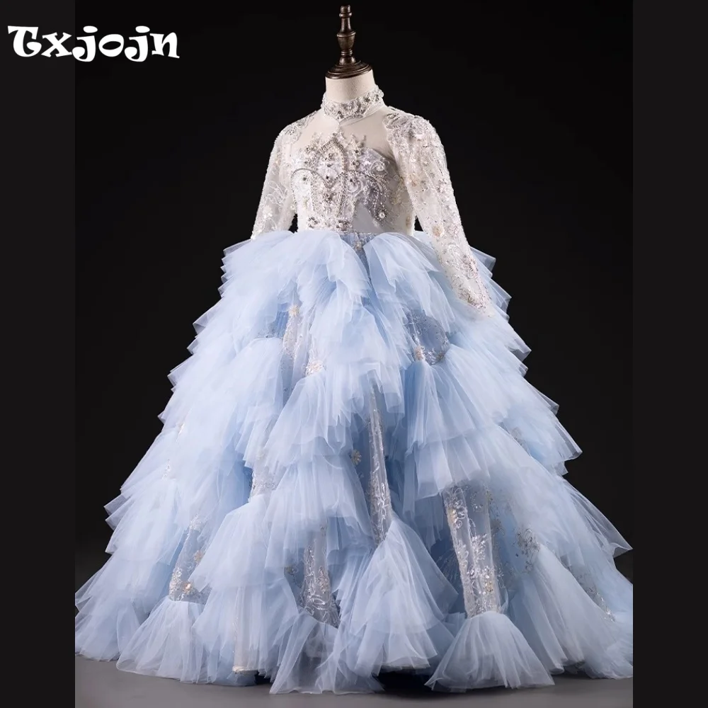 High-end Girl's Ball Gown Luxury Wedding Flower Girl New Mesh Princess Dress Toddler Teens Child Vestido Birthday Clothes 5-16Y
