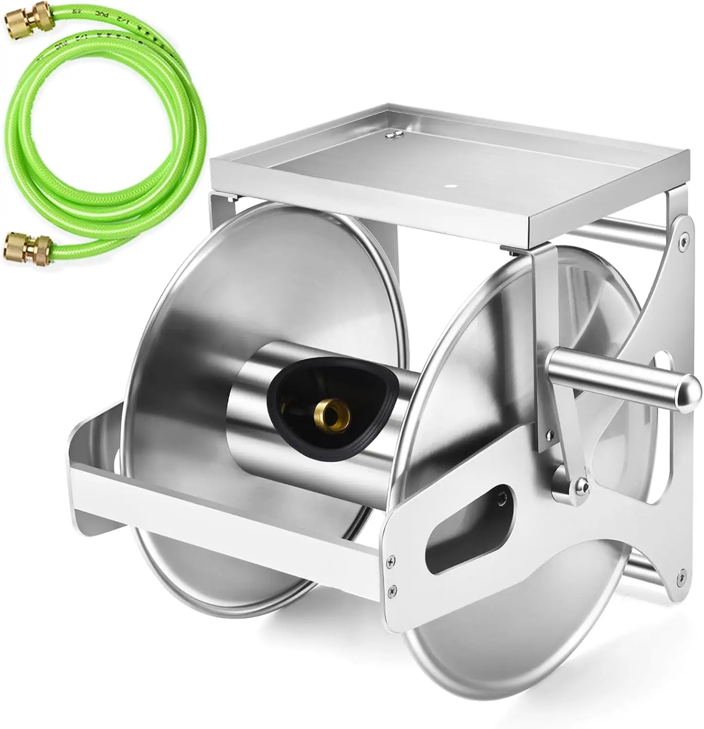 Garden Hose Reel Wall Mount,Stainless Steel Metal Hose Reel with Storage Platform, Heavy Duty Wall Mount Hose Reel