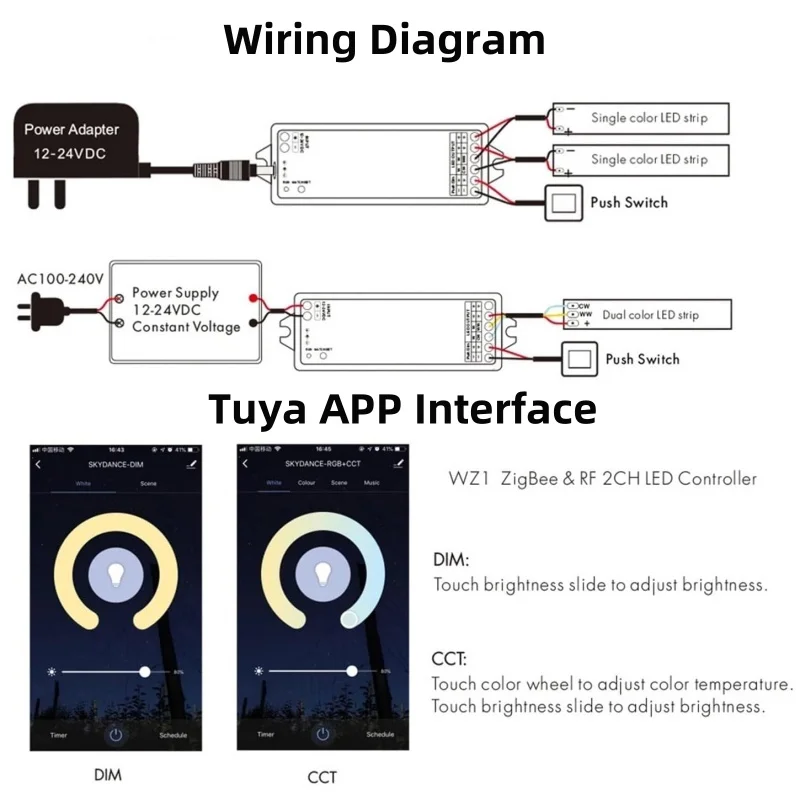 WZ1 Zigbee Led Controller 2CH*5A DC 12V 24V 36V Tuya Smart Life 2.4G RF Wireless Remote for Single Color CCT LED Strip Dimmer