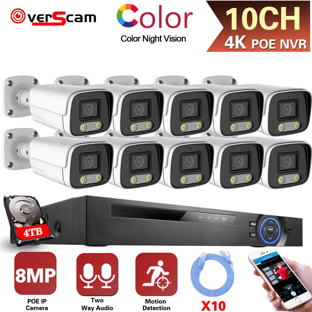 

4K POE Security Camera System 10Channel NVR Kit Color Night Vision IP Bullet Camera Set 4CH 8MP HD CCTV Video Surveillance Kit