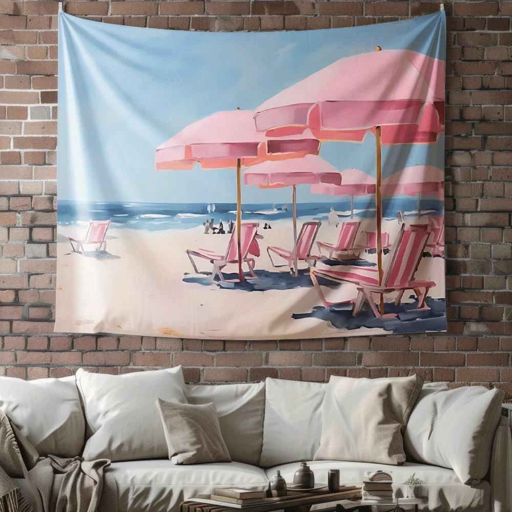 Beach chairs and sun umbrellas Digital printing polyester wall tapestry suitable for use in living rooms bedrooms bars and party