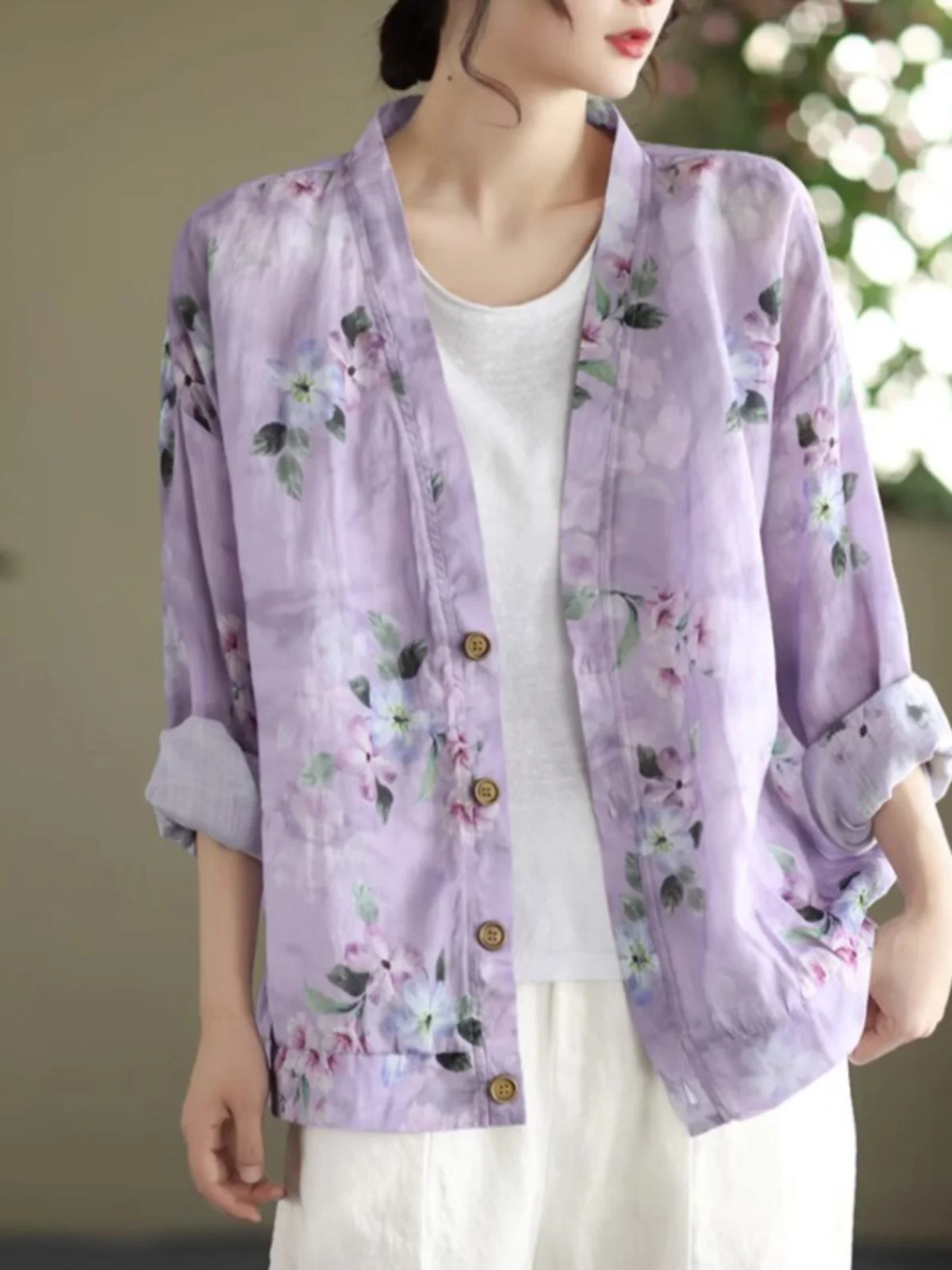 Faionable Large Size Women's Cotton Linen Print Long Sve irt V-Ne Casual Versatile Open Cardigan Outerwear for Autumn
