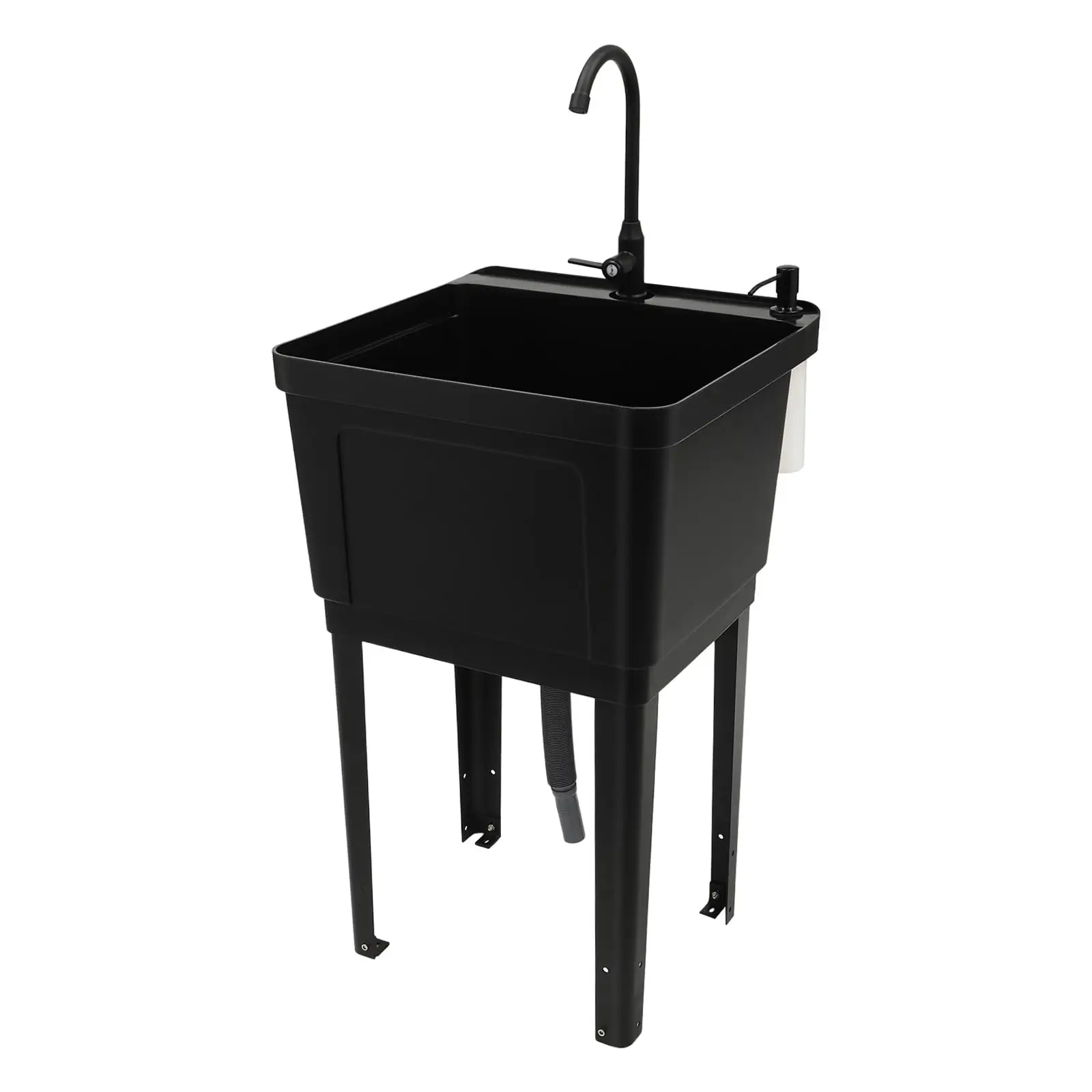 Plastic Outdoor Sink Utility Tub with Hose Hook Up Black | 110.23 lbs Load Capacity, 360° Swivel Faucet, Includes