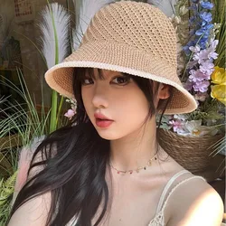 Korean Women's Summer Hollow Breathable Sunshade Bucket Hat Outdoor Beach Sunshade Breathable Short Brim Foldable Sun Cap