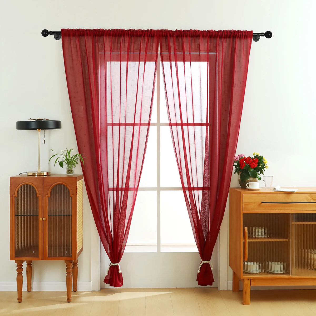 1pc Red Pure Color Sheer Curtain,Rod Pocket,Transparent Gauze Curtain for the Room Decor.Home Decoration