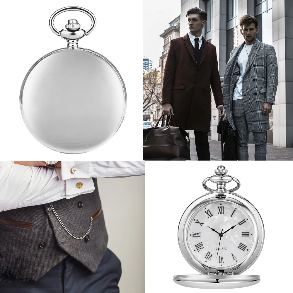 Nuevos relojes de bolsillo de cuarzo para hombre, abalorio de moda Vintage, reloj de bolsillo de plata, colgante de collar con cadena, regalos CF1902