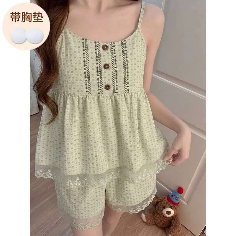 Korean Sweet 2Pcs Pajama Set Women Lace Trim Cheat Pad Cami Tops and Shorts Sleepwear Princess Style Nighties Loose Loungewear