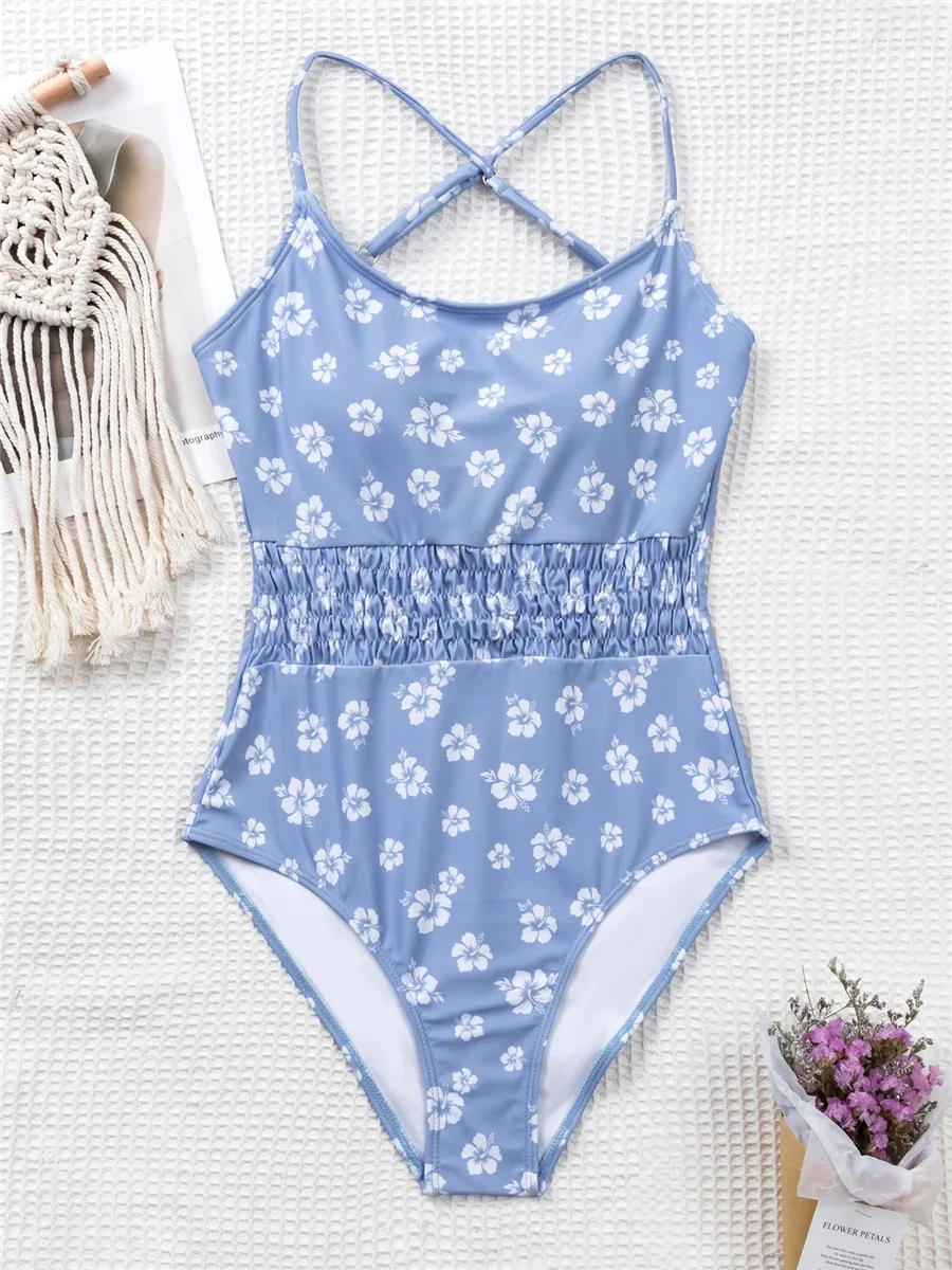 Sexy Straped Criss Back One Piece Swimsuit Vintage Swimwear Women Floral Print Bathing Suit Female Front Fold Beachwear Bodysuit