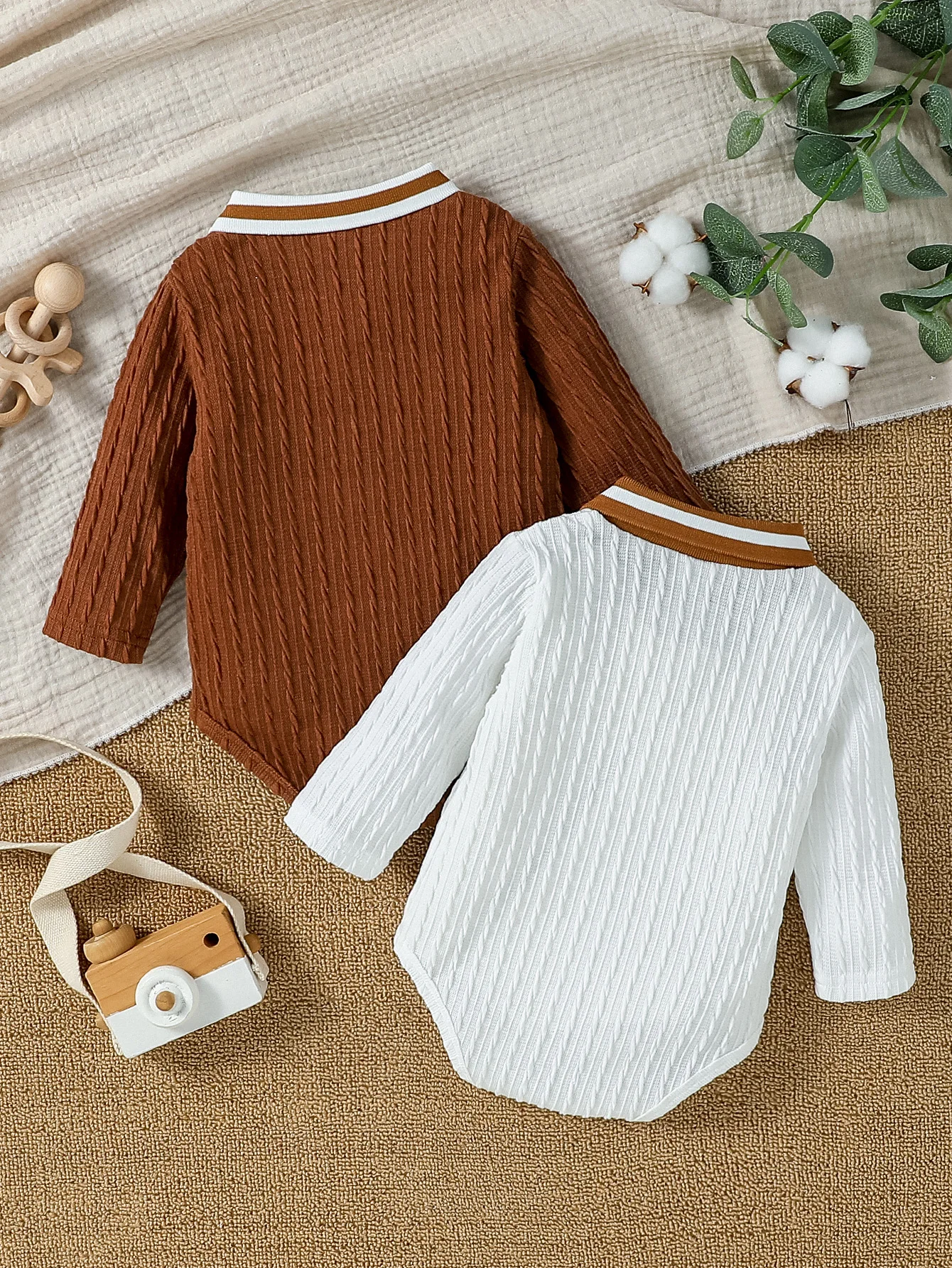 2Pcs Baby Boys Newborn  All Seasons Soild Button Up Collar Long Sleeve Jumpsuit Casual Daily Wear Clothing