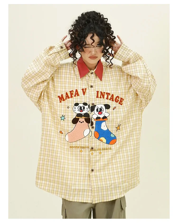 Towel Embroidered Cartoon Plaid Long-sleeved Shirts 2024 Autumn New Loose Bf American Trendy Top Women