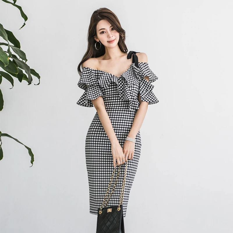 

Pure Sexy Deep V-neck Ruffled Sexy Dress Women's Summer Slim Plaid Wrap Hip Mid-length Dress Fashion Female Clothes