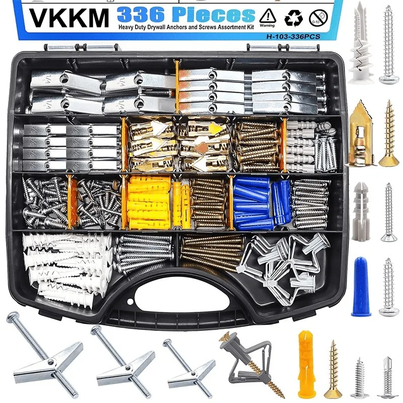 VKKM 336Pcs Heavy Duty Drywall Anchors and Screws Kit, 11 Sizes Plastic & Metal Wall Anchors Assortment with Toolbox, No Pre-Drilling Self Tapping Hardware Set for Home DIY