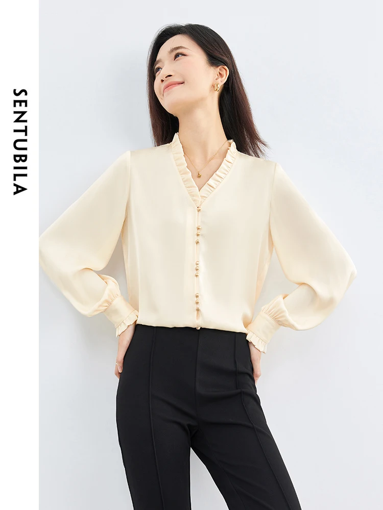 SENTUBILA Elegant French Satin Shirts Blouses Woman 2024 Spring Autumn Female V-neck Long Sleeve Tops Womens Clothes 141V53078