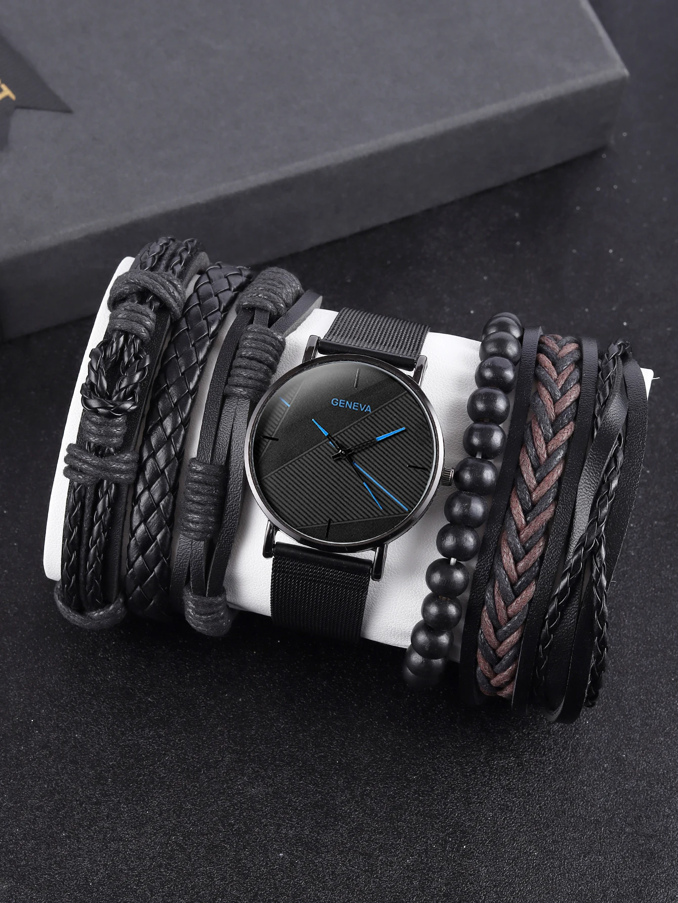 7PCS Casual fashion Alloy mesh mesh with Men\'s Rhinestone quartz watch and leather beaded bracelet set selected gift