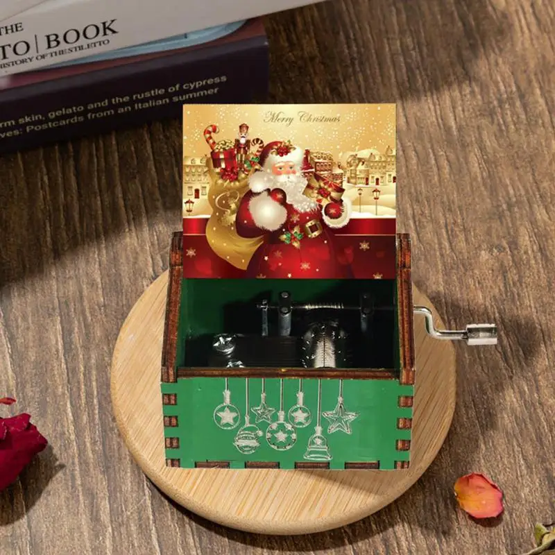Wooden Hand Crank Music Box Merry Christmas Music Theme Vintage Music Box Halloween Christmas Birthday Gift