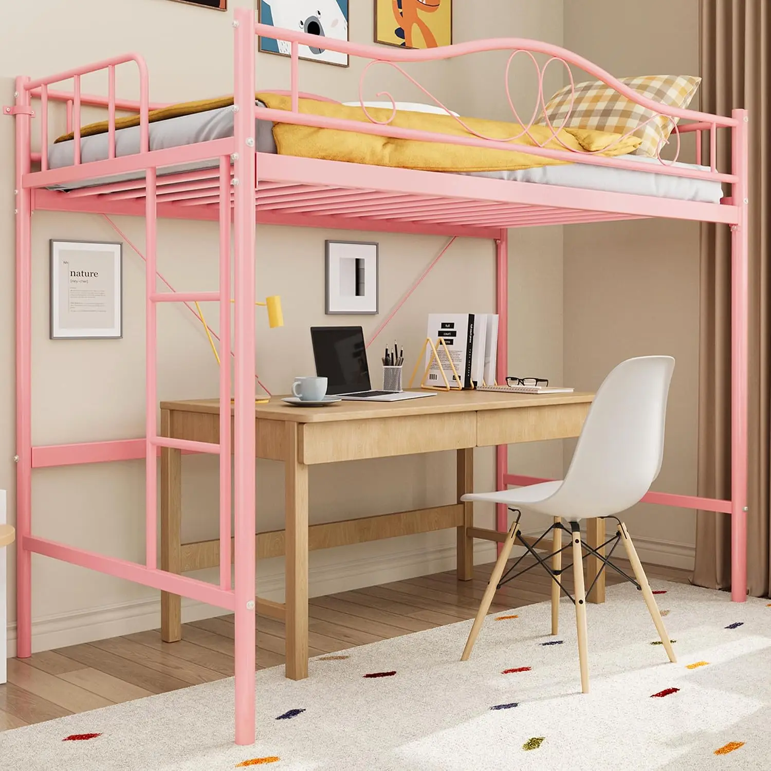 Twin Loft Bed Ladder Full Safety Guardrail Pink Heavy Duty Metal Kids Adult Supports 400 Lbs Grouped Labeled Quick Setup No Box
