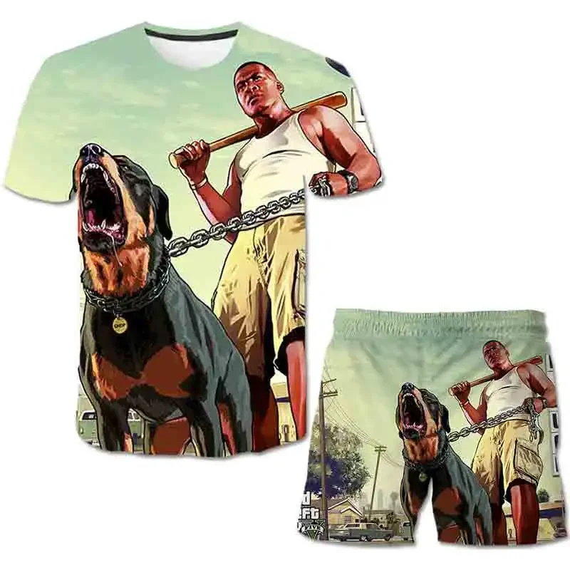 Two Pieces Girls Game GTA 5 Clothing Sets Summer T Shirt Sleeve Children Sets Fashion Girls Clothes Suits Casual Outfits