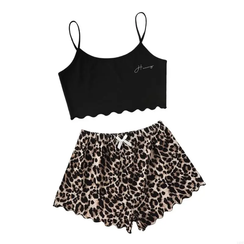 

Y3NE Summer Leopard Shorts And Black Camisole Set Soft Polyester Loungewear Women's Comfortable Sleepwear Pajamas Outfit