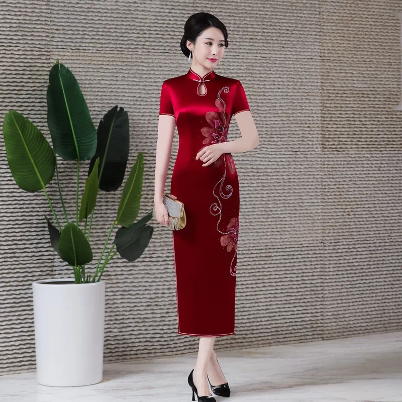 

Sexy Slim Half Sleeve Cheongsam Burgundy Print Flower Long Qipao Chinese Style Female Dress Mandarin Collar Vestidos 3Xl 4Xl