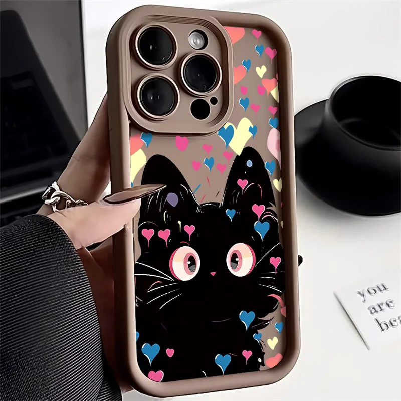 Cute Cat Case For iPhone 16 Pro Max Case iPhone 15 14 13 12 11 Pro Max 7 8 Plus SE XS Max X XR Liquid Silicone Shockproof Cover