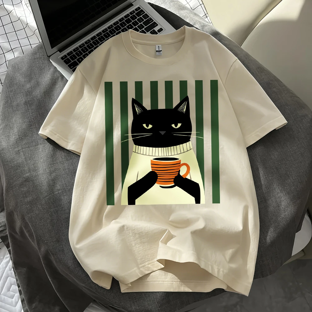 Schwarze Katze Kaffeetassen-Druck Baumwoll-T-Shirts Damen Sommer Oversized Tops Lässige Weiche Kurzarm-T-Shirts Basic O-Ausschnitt Kleidung – Detail 13