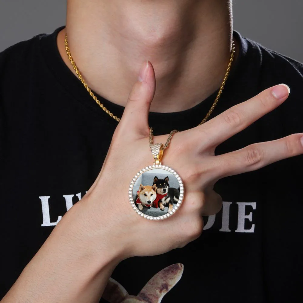 Ice Out DIY Photo Memory Medallions Pendant Necklaces Hip Hop Sublimation Cubic Zircon Round Pictures Charms Unisex Mens Jewelry