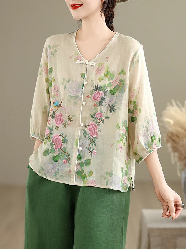 เสื้อผ้าผู้หญิงไซส์ใหญ่สไตล์ลำลองสำหรับฤดูร้อน ดีไซน์เรโทร แต่งลายปักหนัก กระดุม ไอร์ท บางเบา ทรงวี คอวี ช่วยให้ดูผอมเพรียว แฟชั่น