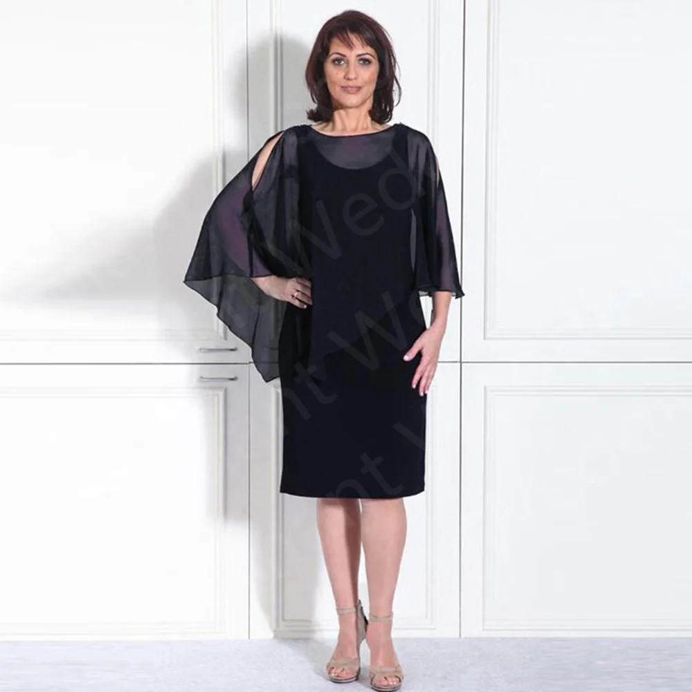 

On Sale Simple Dark Navy Mother of the Bride Dresses Knee Length with Cape Wedding Guest Dress Short 2023