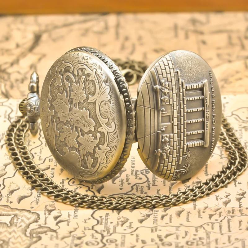 Vintage Bronze Steampunk Features Architectural Sculpted Quartz Pocket Watch Necklace Pendant Clock Chain Men Women Chain Gift