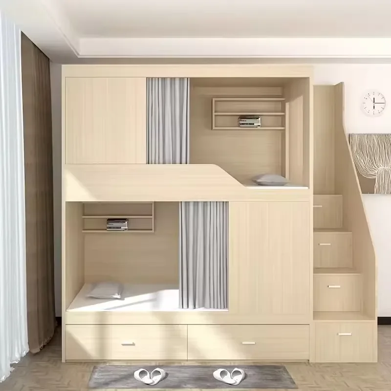 Modern Wooden Bunk Bed With Stairs Student Loft Beds For Hotel Apartment Dormitory School Bedroom Furniture