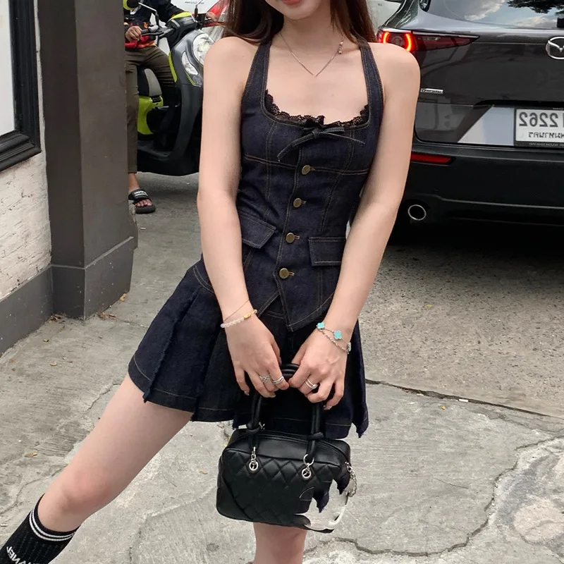 

Джинсовый костюм, костюм из двух предметов, юбка, женская одежда, новинка 2024, летняя сексуальная кружевная майка для девочек, жилет + мини-юбка, комплект модного Y2k