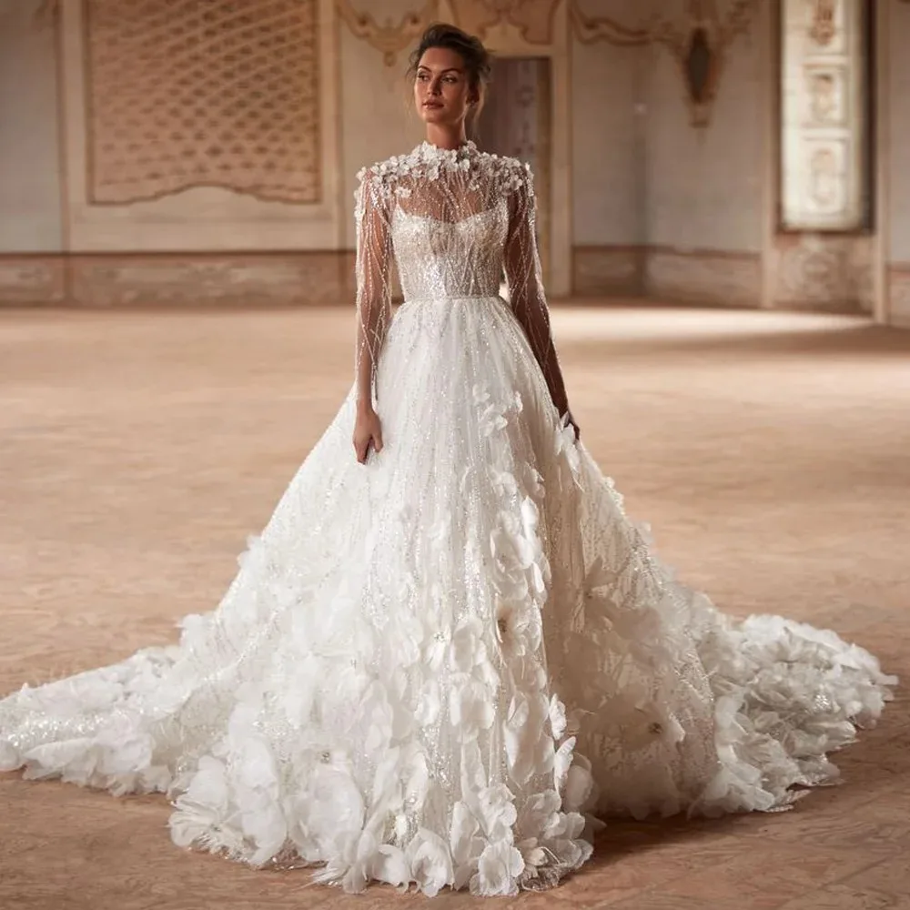Customized Elegant Dignified Unique Luxury Temperament High Neck Lace Applique Vestido Wedding Dresses 3D Flowers Bridal Gowns
