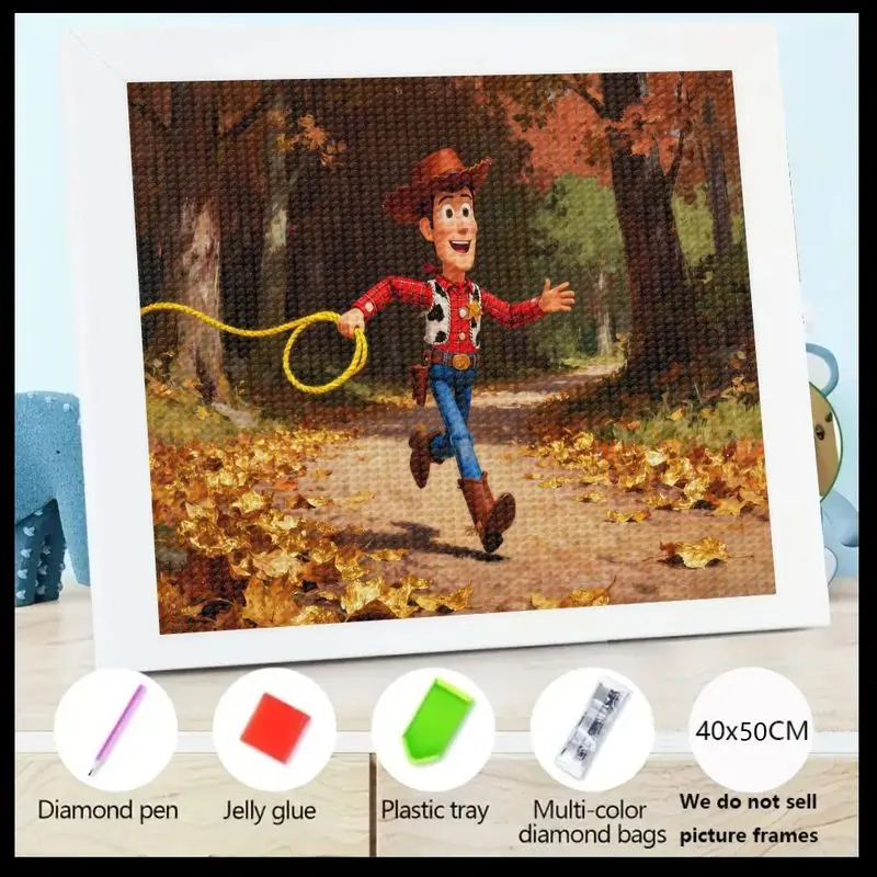

1PC Disney Pixar Toy Story Woody Diamond Painting Kit, 5D Full Drill Cartoon Cowboy Running Autumn Forest Scene Gem Art DIY Set,
