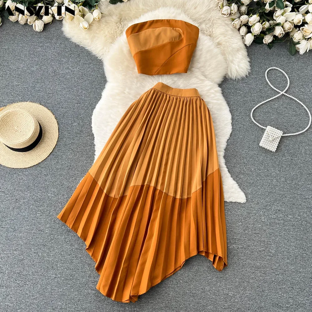 Two Piece Suit Women'S Summer Models Clash Color Bustier Top Irregular Pleated Half-Body Skirt 2 Pieces